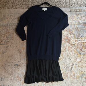 Phillip Lin Navy Long Sleeve Sweater Dress with Black semi sheer trim